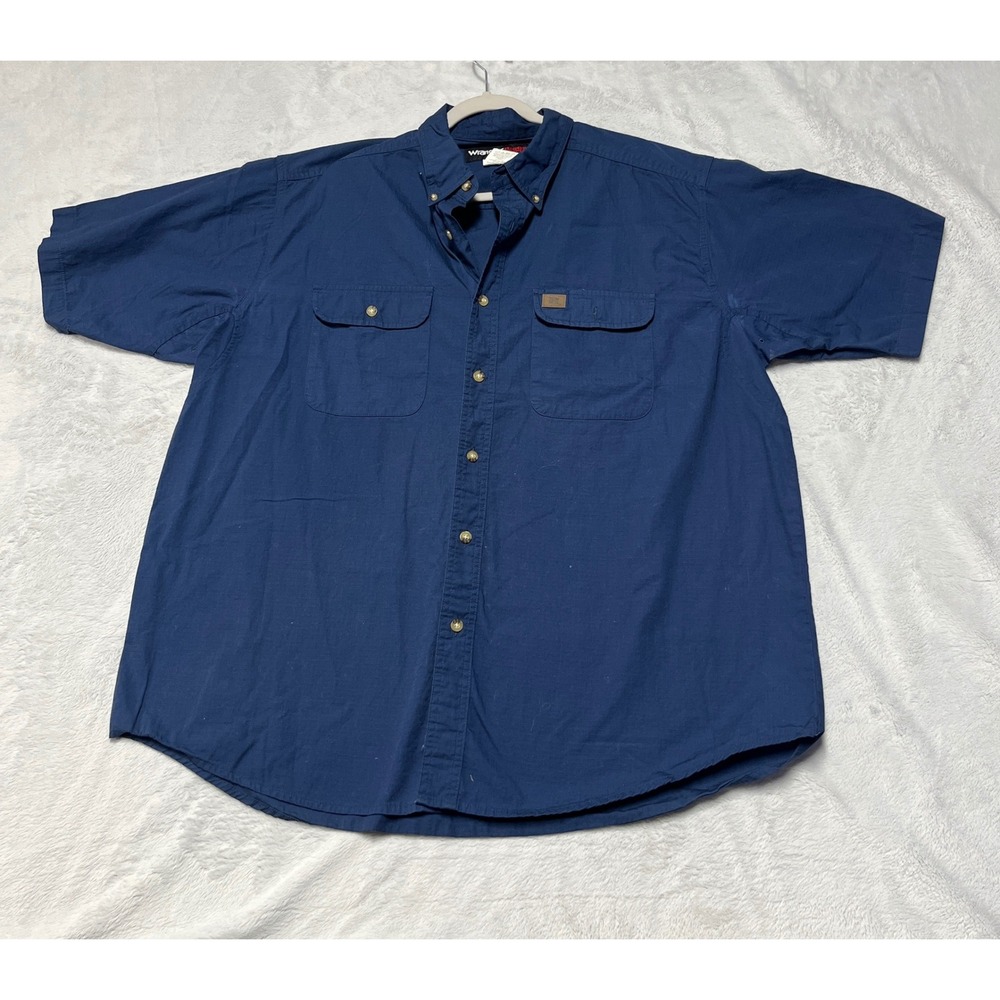 Wrangler Riggs Workwear Short Sleeve Shirt Mens XXL Blue Ripstop Button Down